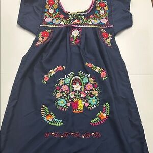 Girls Traditional Navy Embroidered Floral Dress